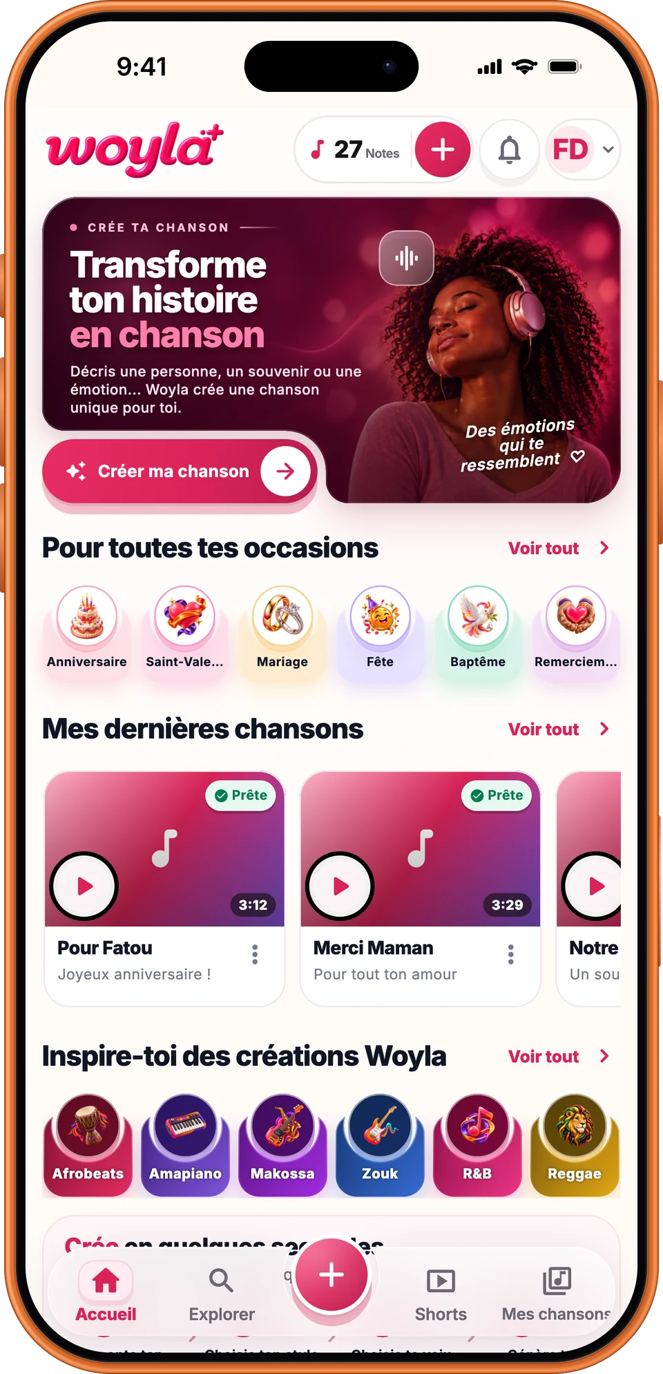 Capture réelle de l’application Woyla dans un cadre iPhone 17 Pro Max — Accueil