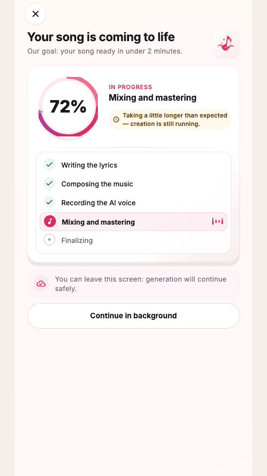Woyla screen showing a personalised song being created