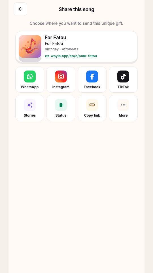 Woyla screen showing options for sharing a gift page