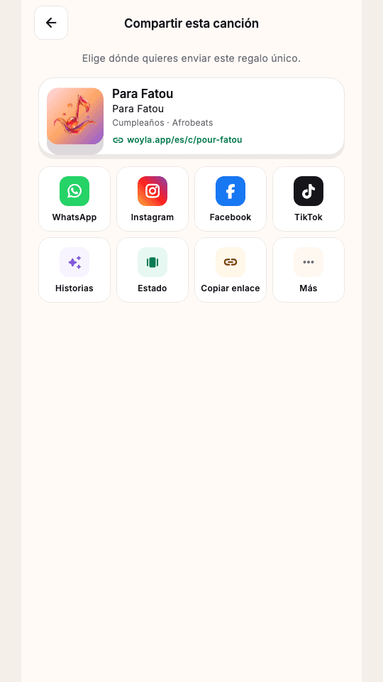 Pantalla de Woyla con opciones para compartir una página de regalo