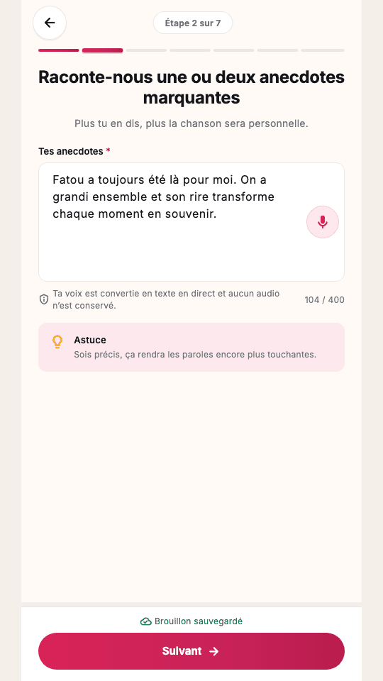 Écran de saisie des anecdotes dans l’application mobile Woyla en français