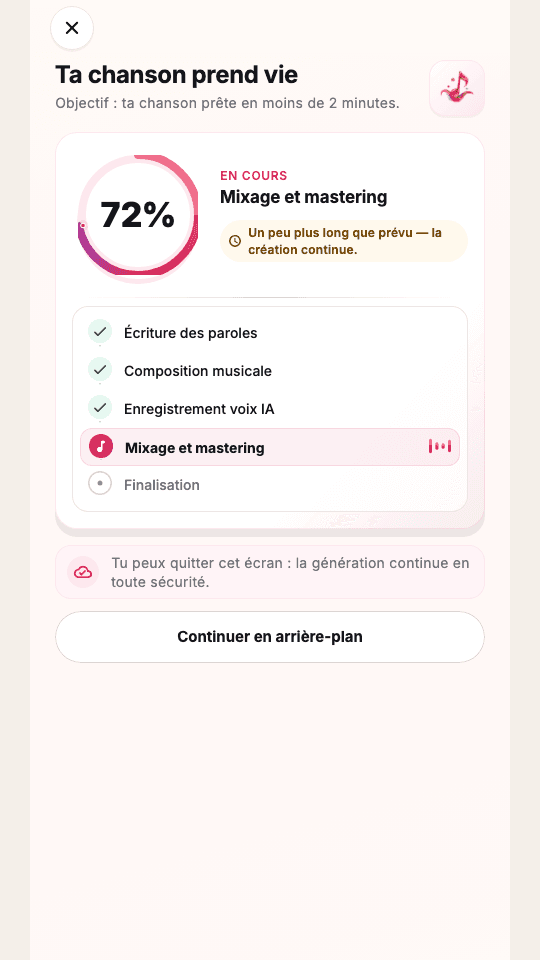 Écran Woyla montrant la création d’une chanson personnalisée en cours