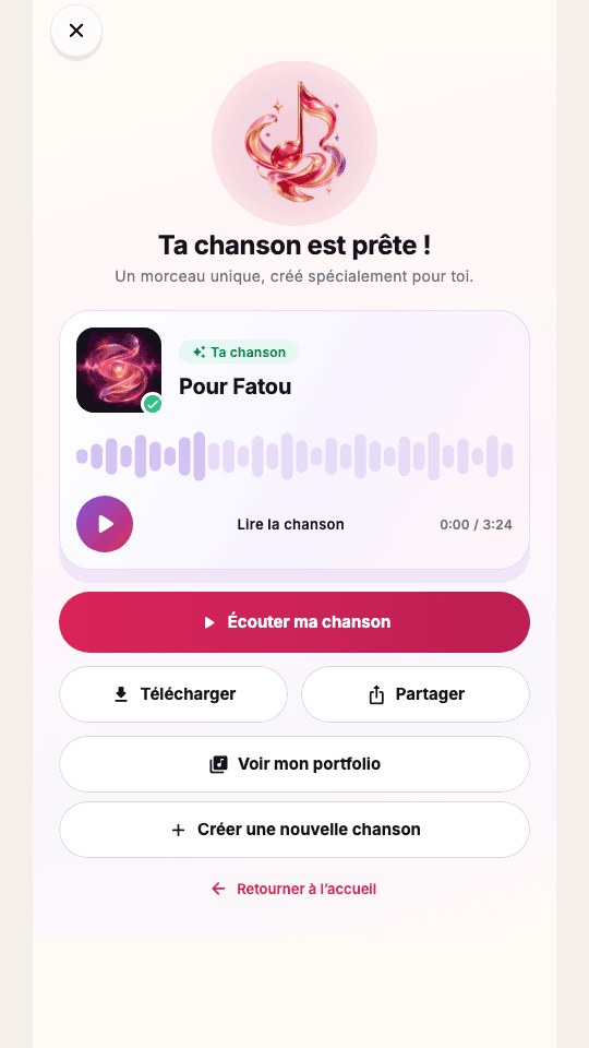 Écran chanson prête de l’application mobile Woyla en français