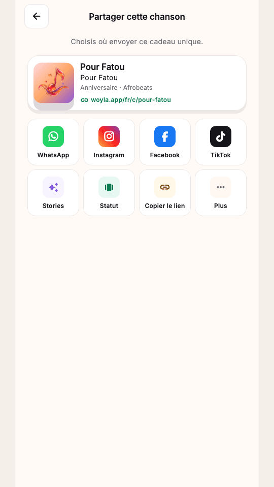 Écran Woyla présentant les options de partage d’une page cadeau
