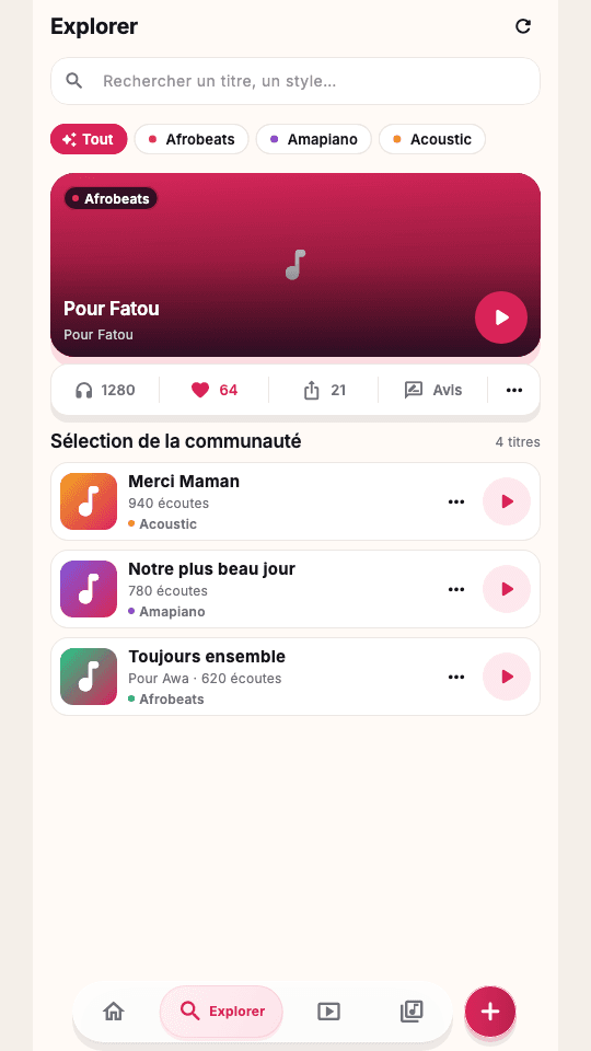 Écran Explorer de l’application mobile Woyla en français