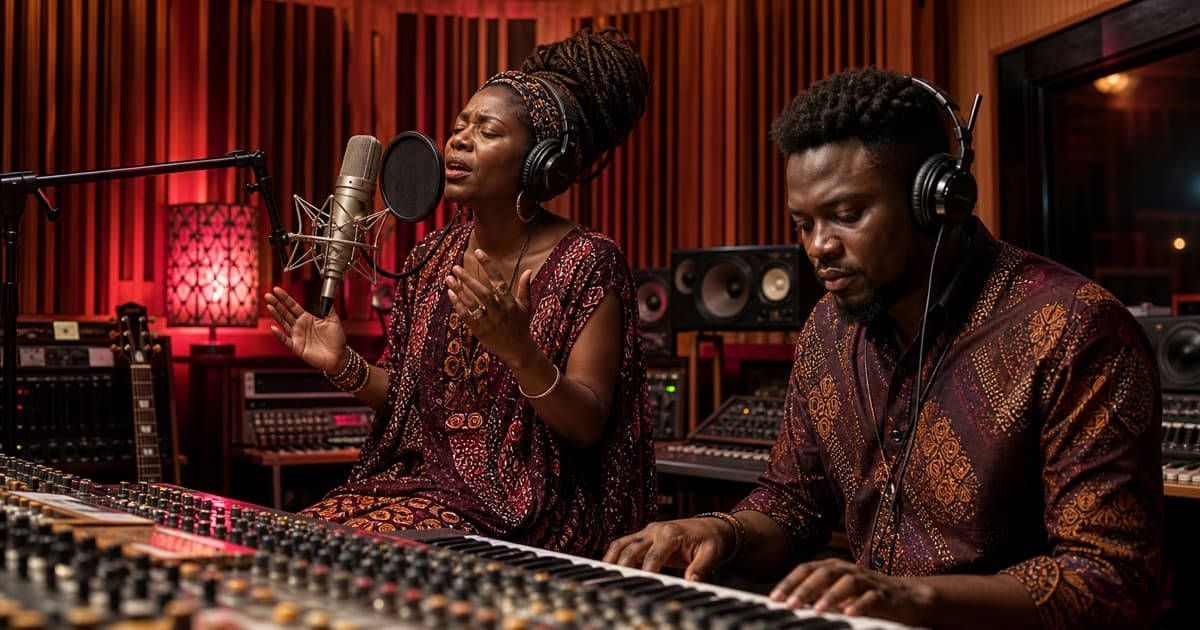 Des artistes préparent différents univers musicaux dans un studio contemporain